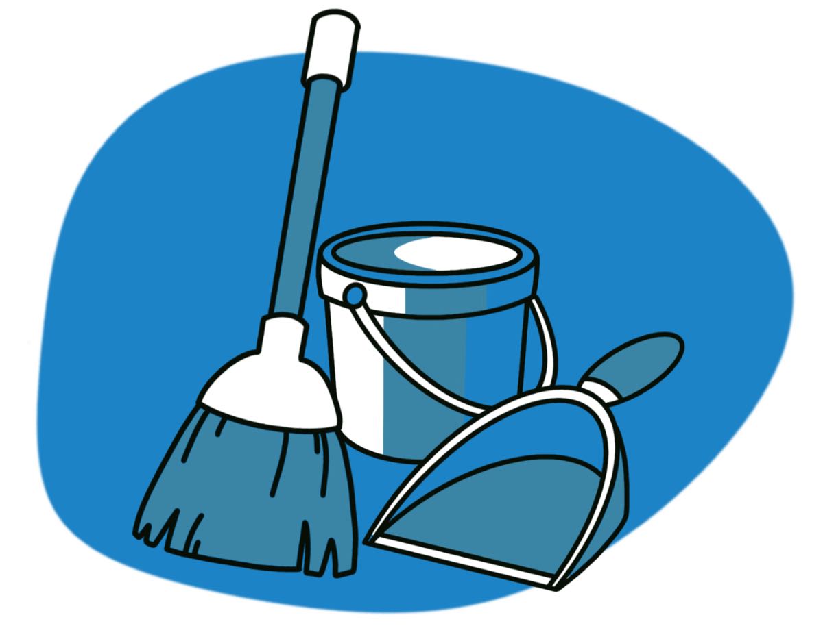Illustration mit Putzeimer, Kehrschaufel und Besen