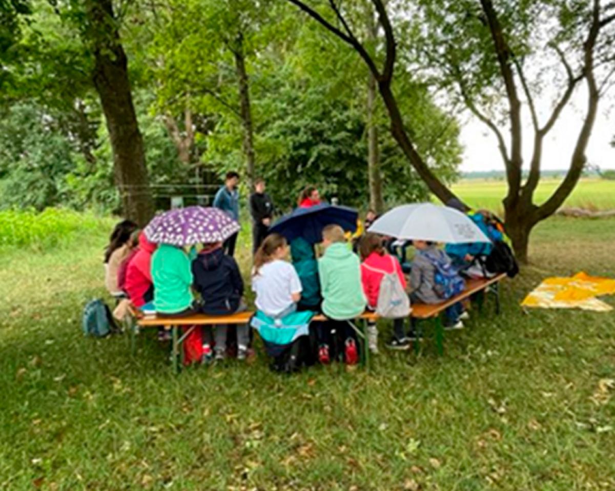 Bild: Eine Gruppe von Schülerinnen und Schülern sitzt im Freien im Kreis auf Bänken.