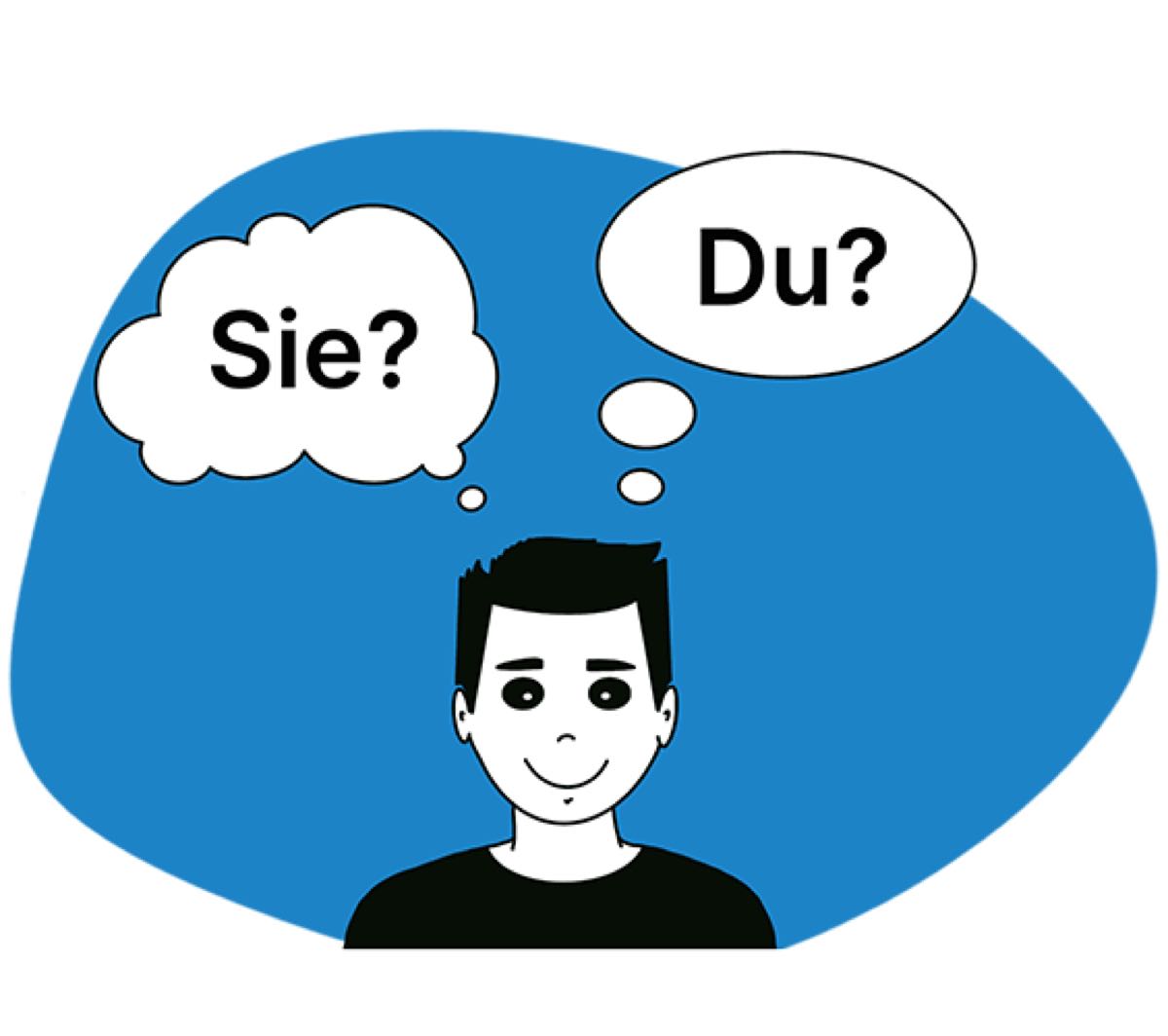 Bild: Schüler mit Gedankenblasen Du? oder Sie?