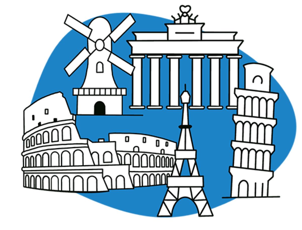 Sehenswürdigkeiten in Europa, z.B. Colloseum in Rom, Eiffelturm in Paris und Brandenburger Tor in Berlin